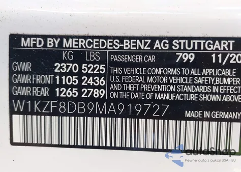 2021 Mercedes-Benz E 350 из США, поврежденный, VIN W1KZF8DB9MA919727